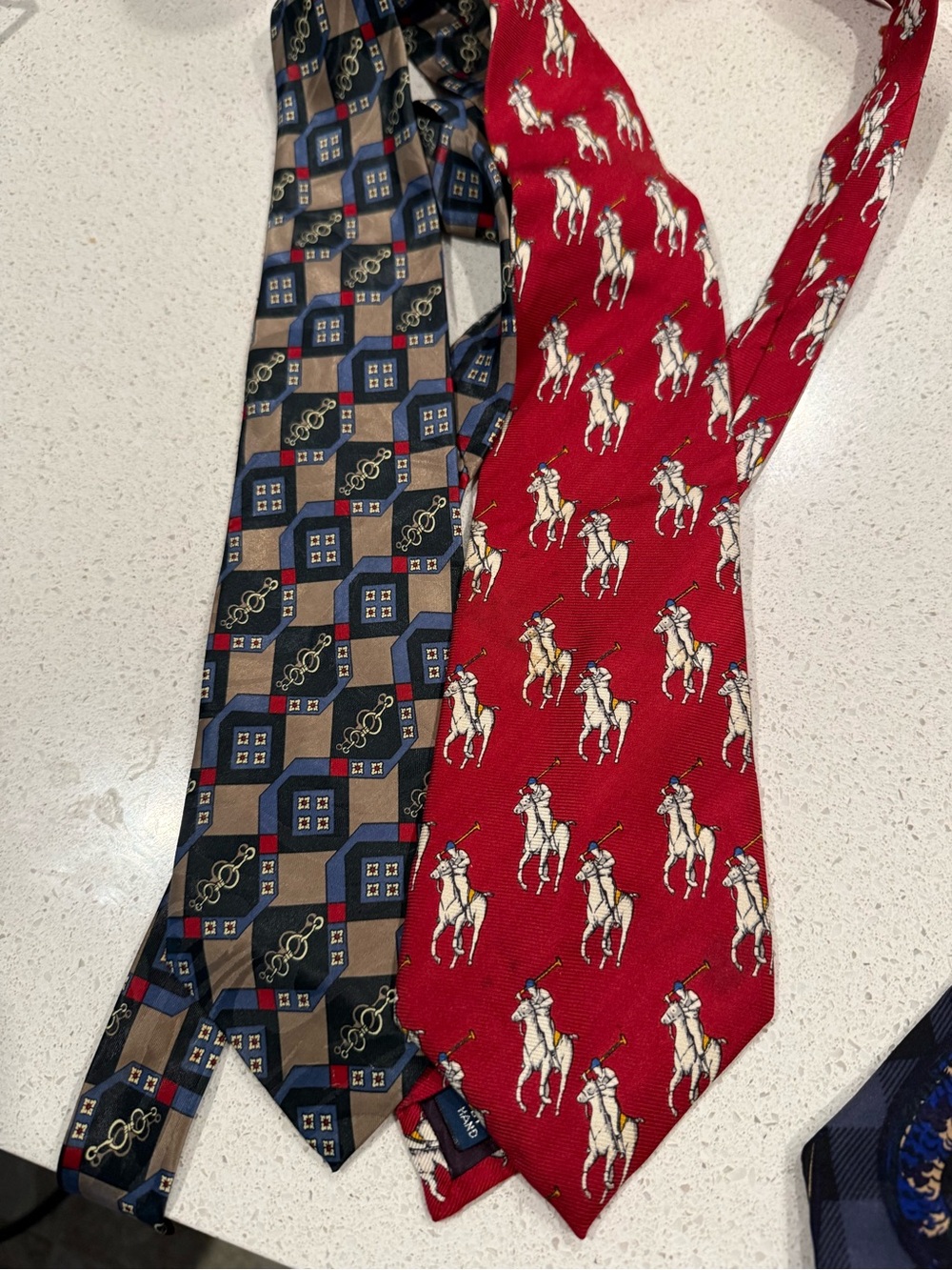 Ralph Lauren Red Polo Player Silk Tie with Navy & Tan Geometric Tie